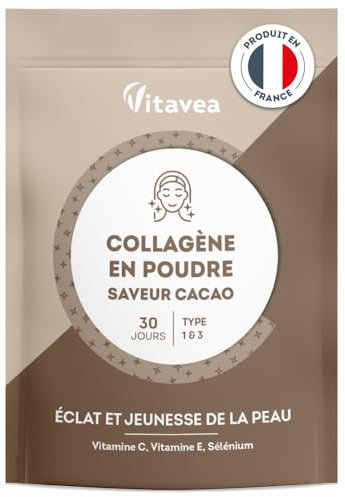 Hoch Effizientes Kollagenpulver mit Kakaogeschmack- Kollagen Peptide Typ 1 und 3-3400 mg hydrolysiertes Kollagen pro Dose - Vitamin C, Vitamin E, Selen - Perfekte Löslichkeit - Vitavea