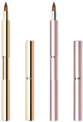 Retractable Lip Brush 2pcs Applicators Flat for Lipstick Gloss Creams Portable with Cap, Professional Makeup Brush（Gold + Pink）