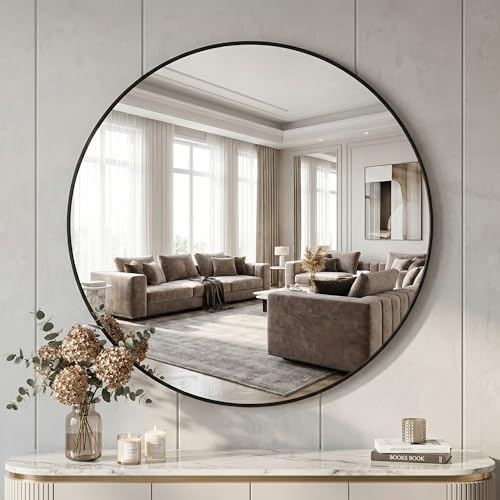 BEAUTYPEAK - Specchio rotondo da 90 cm, specchio da parete anti-rottura con cornice in alluminio, specchio da bagno da appendere e appoggiare, specchio rotondo da parete per camera da letto, bagno