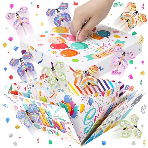 Halinuia Butterfly Explosion Geschenkbox 20x19x12,5 CM Explosionsbox mit 10 Fliegende Schmetterling Happy Birthday überraschungsbox Geburtstagsbox Surprisebox Geschenkverpackung für Familie Freunde