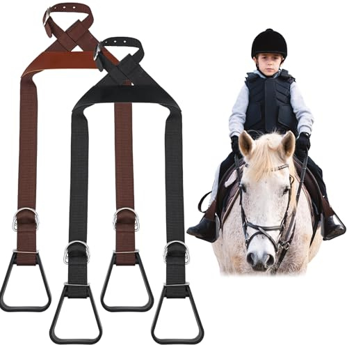 Simgoing 2 Pieces Kids Western Stirrups Adjustable Nylon Straps Equestrian Safety Stirrups for Youth Riding Accessories, Height Below 140 cm (Black,Brown)