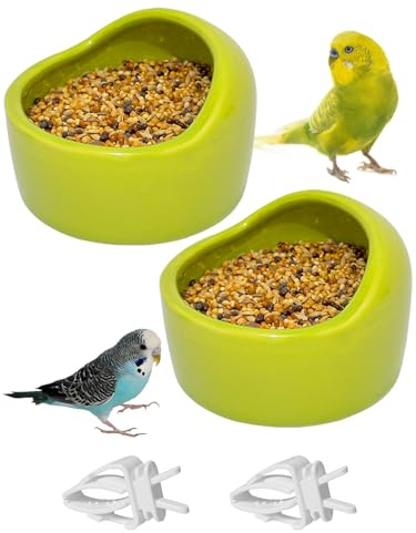 Niwaes 2 Pcs Ceramic Bird Food Bowls Parakeet Cage Water Bowl Birds Feeding Dish Parrot Water Feeder for Cage with 2 Plastic Feeding Clips for Parakeets Conure Cockatiels Lovebird Budgie (Green)