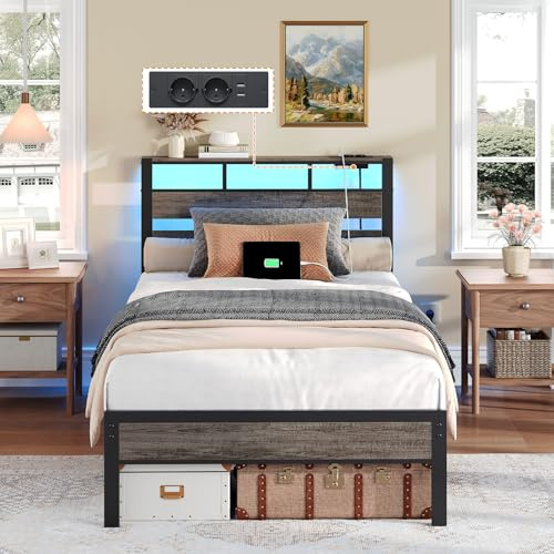 HOOBRO Letto 90 x 200 cm in Metallo con LED, Struttura Letto con Presa Elettrica, Porte USB e Spazio Contenitore, Struttura Letto Singolo, con Testiera, per Camera da Letto, Nero Carbone EBC77CDBF01