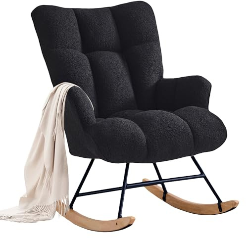 XH.Easy Go Rocking Chair Nursery Teddy Upholstered Glider Rocking Accent Chairs Padded Seat with Rubber Wood Legs Armchair Comfy Side Chair for Living Room Bedroom Offices (Black)