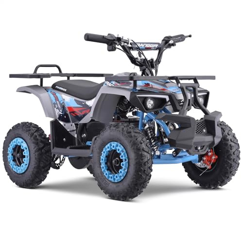 FunBikes Ranger 1000W Premium Nardo Grey/Blue Kids Electric Mini Quad Bike – 36V Hi-Torque Motor, 3 Speed Modes (Up to 13mph), LED Headlights, Disc Brakes, Removable Battery