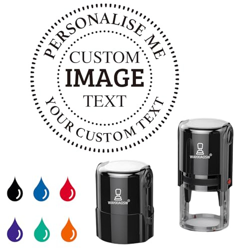 Personalised Stamp with Base, Custom Logo Self-Inking Rubber Stamp, 6 Ink Colours for Teacher, Office, School, Small Business Packaging (40mm / 45mm)