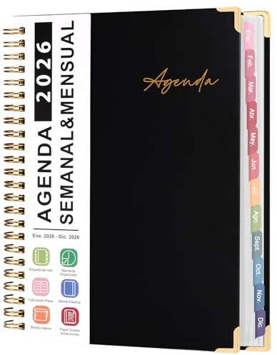 Agenda 2026(Ene.-Dic.), Planificador Español Semanal y Mensual Con Pestañas de Colores | Espiral | Para Oficina Universidad Hogar Gym