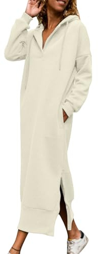 Women Hoodies Maxi Dress Long Sleeve Drawstring Slit Casual Loose Hooded Sweatshirt Fall Solid Dresses with Pocket S-2XL Beige