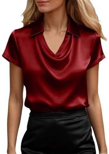 Chemisier Femme Chic et Élégant Chemisier Satin Tunique Col Drape Blouse Couleur Unie Chemises et Blouses Mode Vetement Funky Haut Décontracté Tshirt Manches Courtes Chemisiers de Soirée Business Top