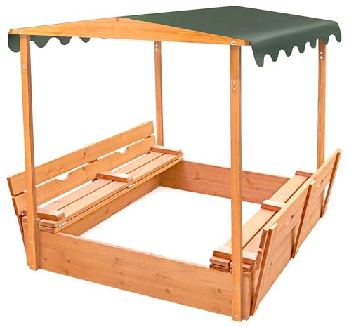 Badger Basket Cedar Sandbox for Kids with Canopy & Benches - Outdoor Convertible Wooden Sandbox with Lid, UV Shade & Built-In Seating - Backyard Playset (46.5 x 46.5 x 57)