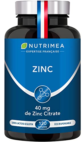 ZINC Citrate - Formule 100% Pure - Haute Absorption - Aide à Lutter Contre l'Acne - Apporte 40 mg de dont 12,5 mg de Zinc Élément (Zn) - 120 Gélules Vegan - Nutrimea - Fabriqué en France