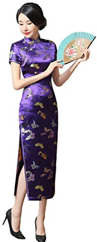 ACVIP Butterfly Brocade Short Sleeve Long Chinese Dress Cheongsam for Women (UK 12-Tag XXL, Purple)