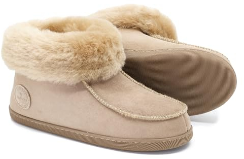 Vanuba Peppin Handmade Damen Hausschuhe, Naturleder, 100% Schafwolle, Warme und Bequeme Hausschuhe, Leder Beige/Beige, 41 EU