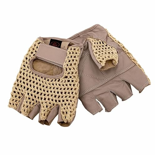 AMAS The Best GUANTI DA GUIDA MEZZE DITA EPOCA HALF FINGER IN PELLE + RETE AUTO BICI VINTAGE CAFE' RACER (BEIGE, 2XL)