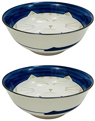 JapanBargain Set of 2 Japanese Porcelain Bowls, Large 7.5 Inch Ramen Udon Noodle Rice Soup Pho Poke Cereal Bowl, Maneki Neko Smiling Lucky Cat Pattern, Blue, Made in Japan