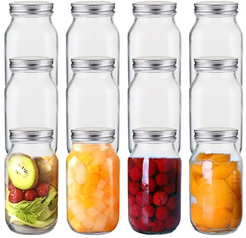 Jucoan 12 Pack 24 oz Glass Mason Jar Canning Jar with Silver Airtight Metal Lids, Regular Mouth Glass Jars for Preserving Fruits, Vegetables, Pickles, Tomato Juices and Sauces, Square Shape