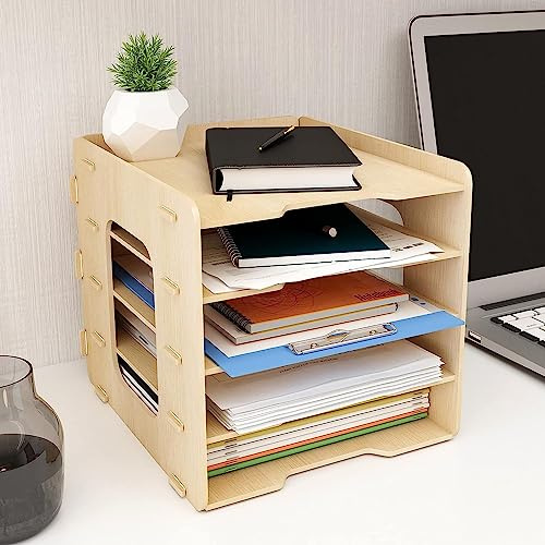PUNCIA Organisateur de Bureau à 5 Niveaux en Bois Stocakge de Fichier A4 Documents Vertical Compartiment de Rangement Bac à Courrier Plateaux de Classement de Fichier pour Bureau Maison et École