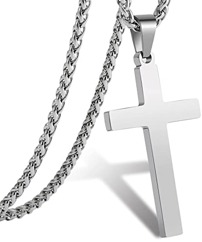 RS Silver Cross Necklace for Men Boys Stainless Steel Pendant Chain Religious Christian Baptism Catholic Confirmation Jewelry Gifts Teen Teenage Son Him