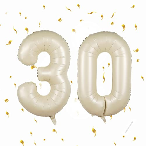 Globos de 30 cumpleaños,Beige 40 pulgadas Globo número, 30 decoraciones de Globo número cumpleaños para hombre y mujer, Globo inflable de lámina de oro 30.