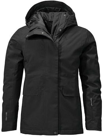 Schöffel Damen Ins. Jacket Antwerpen L, wasserdichte und atmungsaktive Winterjacke, urbane Outdoorjacke mit 2-Wege-Reißverschluss und verstellbarer Kapuze, black, 48