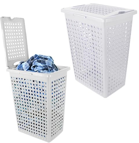 48L Plastic Slimline Bathroom Washing Basket Laundry Linen Hamper Storage Clothes Bin Hinged Lid Rattan Style (White)