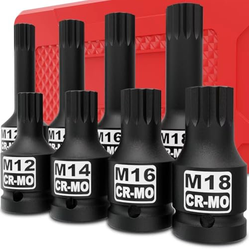 KIRXST 1/2 Inch Impact XZN Bit Socket Set, M12 - M18, 8 Piece Impact Spline Socket Bit Set for Mechanical Repair