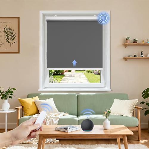 Grandekor Elektrische Rollos Innen,Verdunklungsrollo ohne Bohren mit Fernbedienung & Leiser Motor Dunkelgrau 120x150cm,Smart Rollo für Fenster mit Metal Klemmträger,Thermorollo Sonnen-& Sichtschutz