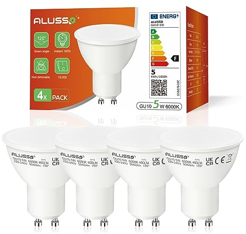 ALUSSO LIGHTING Bombillas LED GU10 de 5W Luz Blanco Frío 6000K, 400 Lúmenes (equivalente a 50W), Bombillas de bajo consumo, Ángulo de haz de 120°, CRI 80, Sin Parpadeos, No Regulable, Pack de 4