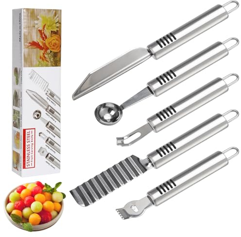 BURLIHOME Stainless Steel Fruit Carving Knife Set, 6 Pack Vegetable Engraving Blades for Kitchen, Melon Baller Scoop,Lemon Zester, Garnish Peeler,Crinkle Knife,V-shape Cutter
