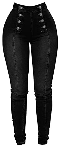Womens Skinny Stretchy Colombian Jeans Butt Lifting High Waist Double Breasted Sailor Work Jeans Tummy Control Bodycon Jean Leggings Slim Fit Totally Shaping Mom Jeans for Women UK Black