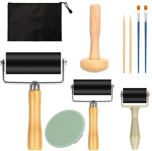 Dadabig 10 Stück Gummi Brayer Roller, Gummiwalze Farbroller, Linoldruck Robuste Andrückrolle, mit 1 Pilzrolle 1 Marlene 2 Holzpinsel 2 Ölpinsel für Druckgrafiken Kunsthandwerk
