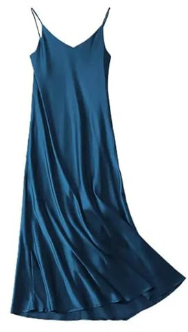Generic Robe de soirée en Satin de Soie pour Femme, Coupe Basse, col en V, Bretelles Spaghetti, sans Manches, Robe mi-Longue pour fête de Mariage, Bleu, M