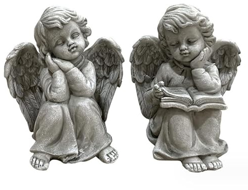 Uppsättning av 2 dekorativa ängelfigurer, 2 skyddsänglar sittande drömmande, dekorativ figur ängelpar, 9,5 x 9,5 x 13,0 cm, ängelbarn, ängelfigurer, dekorativa änglar för trädgården, gravdekoration,