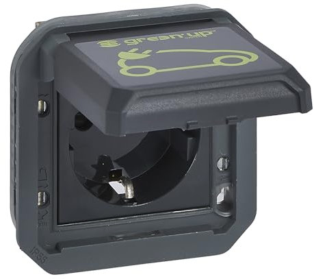LEGRAND, Plexo New Einsatz, Feuchtraum-AP-EV-Steckdose, Aufladen von Elektrofahrzeugen, 230V, 16A, IP55, autom. Anschlüsse, Schuko-Standard, integr. Klappdeckel E-Auto-Markierung, Anthrazit, 069818L