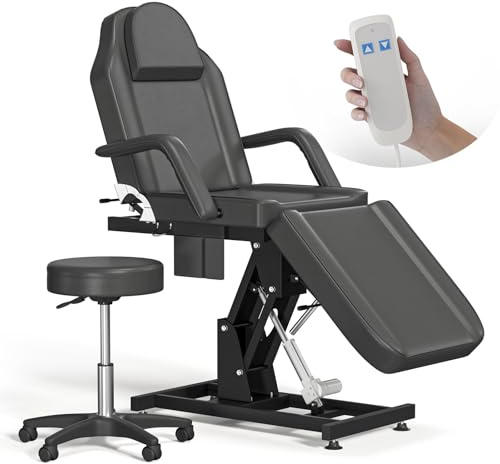 ABTSalon Electric Tattoo Chair for Client Lash Chair Lash Bed Facial Beds for Esthetician Spa Chairs Cosmetic Procedure Table Aesthetic Treatment Bed Height Adjustable (Black with Stool)