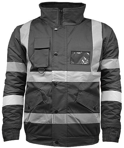 WearAll Hi Vis High Visibility Safety Security Reflective Protective Waterproof, Windproof Padded Workwear Bomber Jacket Coat With Concealed Hood Black XXL