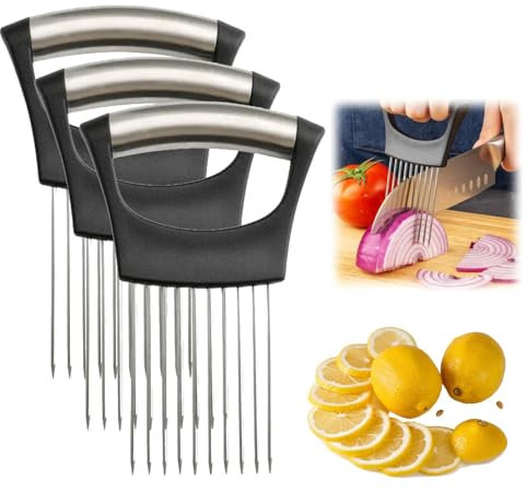 Rebanador de cebolla de acero inoxidable, nuevo rebanador de cebolla, rebanado de limón, rebanado de verduras, herramienta auxiliar para cortar patatas, tomates, carne (3 Pcs)