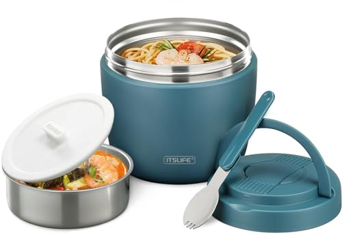 Itslife Termo para Comida 970ml, Fiambrera Acero Inoxidable,Taza Aislada con Cuchara Plegable, Aislante Térmico Recipiente para Sopas, Ensaladas, Adecuado para Oficinas y Escuelas, Azul lago