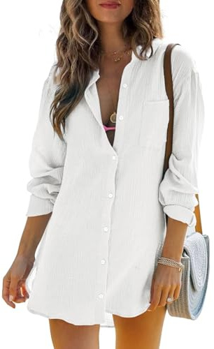 Cicy Bell Camicetta a Maniche Lunghe da Donna Top in Cotone Estivo Camicia abbottonata Abito da Spiaggia Bikini Copricostume, Bianco, L