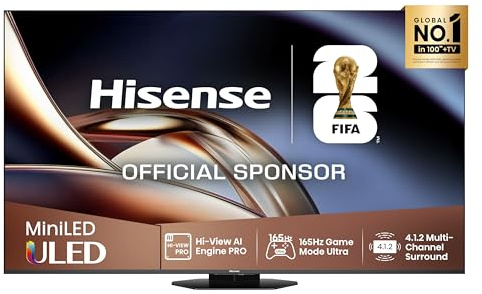Hisense TV 85 Mini-LED 165Hz 4K 2025 85U8Q, Octagonal Stand, Dolby Atmos Multi-Channel Surround 4.1.2, Smart TV VIDAA U9 con 1000+APP, Dolby Vision IQ, HDR 10+, 165Hz Game Mode Ultra, Alexa Built-in