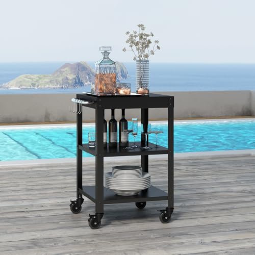 casa.pro Carro de Servicio Bolognano para Jardín Carrito Auxiliar con Ruedas de Exterior Carro de Barbacoa de 3 Niveles Patio Piscina Terraza Metal 81 x 50 x 50 cm - Negro