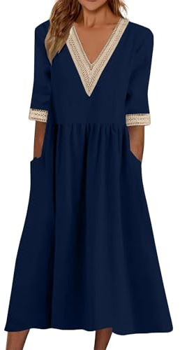 SCBFDI Robe Femme en Coton Lin Chic et Elegant à Col en V Robes Mi Longue | D'Été de Fluide Trapèze Robe Légère et Aérée Boho de Plage