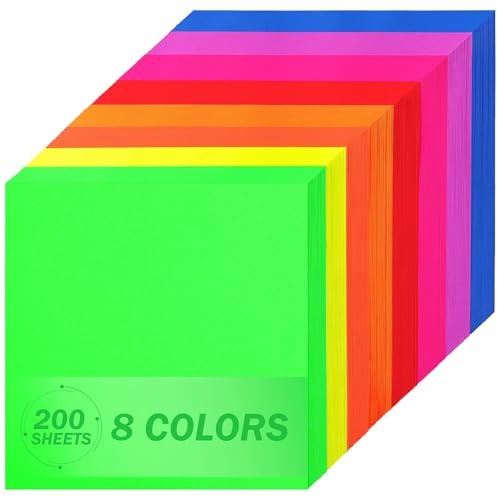 Leuchtendes Origami-Papier 200 Blatt, 8 leuchtende Farben 15×15 cm / 6 Zoll, 80 g/m², beidseitiges Neon-Quadrat-Faltpapier für DIY-Bastelarbeiten, Kinder, Erwachsene UAP38MX1