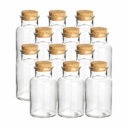 gouveo 12er Set Gewürzgläser 250 ml rund mit Korken - Kleine Korkengläser mit Korkverschluss - Leere Vorratsgläser für Kräuter, Gewürze (CBT250PK)