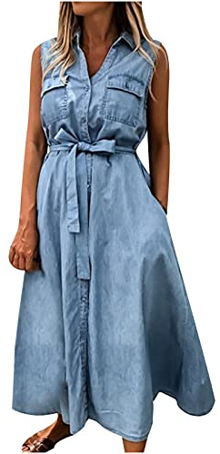 TRIGLICOLEUM Vestidos de verano para mujer, chaqueta vaquera, vestidos largos, sin mangas, vestido envolvente, vestido de verano, vestido de playa para mujer, vestido largo para verano, sommerkleid
