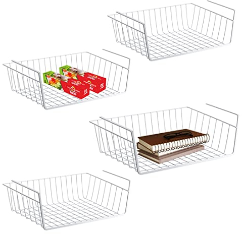 WEERSTONE Unterregal Aufbewahrungskorb, 4 Stück Hängekorb Metall Hängekorb Regal Unter Schrank Hängekorb Metall Korb-Organizer Regaleinhängekorb für Küche, Büro, Speisekammer, Bad, Schrank, Weiß