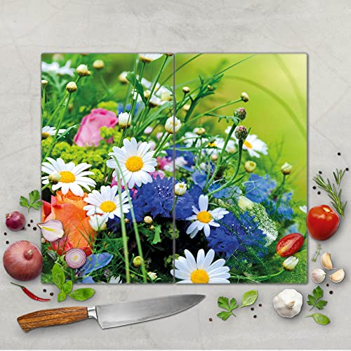 banjado Schneidebrett Glas mit Motiv Blumenstrauß - großes zweiteiliges Glasschneidebrett rechteckig 2 x 30 cm x 52 cm - auch verwendbar als Schneidebrett Herdabdeckung