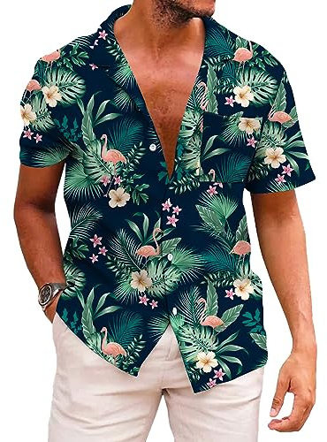KYKU Men's Hawaiian Shirts Vacation Button Up Shirt Flamingo, Green, XX-Large