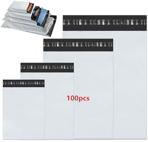 Enveloppe Plastique Expedition, 100pcs 4 tailles assorties Enveloppes d'expédition blanches Adhésif auto-scellant Sacs d'emballage Résiste à l’eau et aux déchirures Colis (Mixing)