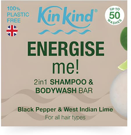 KinKind Mens Shampoo Body Wash & Beard Shampoo Soap Bar. ENERGISE me! 2 in 1 Zesty Lime & Black Pepper for Hair, Beard & Body. Conditioning Coconut Oil Mens Shampoo Bar & Body Wash Soap. UK made